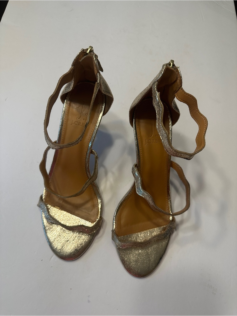 J. Crew Metallic Gold Wavy Strap Heeled Sandals